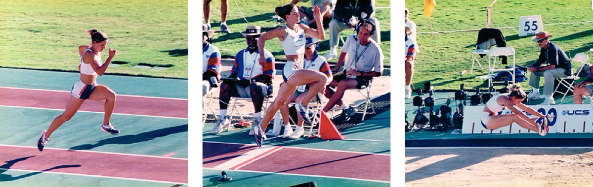 Grace competing in the long jump: approach, flight, and landing
